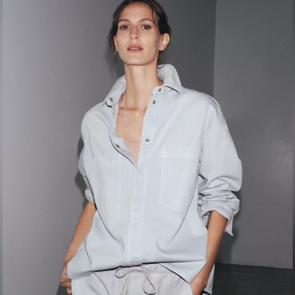 NWT Zara Overshirt 100% cotton Light Blue Button-Up Cuffs Shirt Jackets Size M